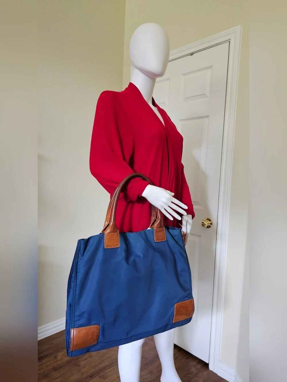 Tory Burch Blue Nylon Tote with Brown Leather Trim and Logo